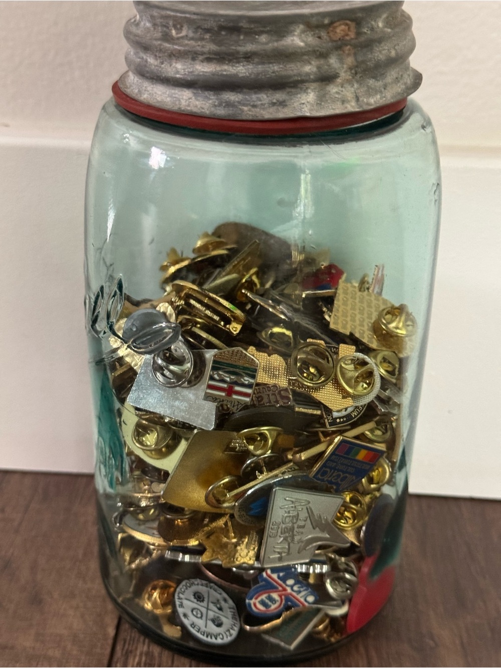 1910-1923 Antique Bell Glass Jar Filled with Mixed Collectable Pins Many vintage